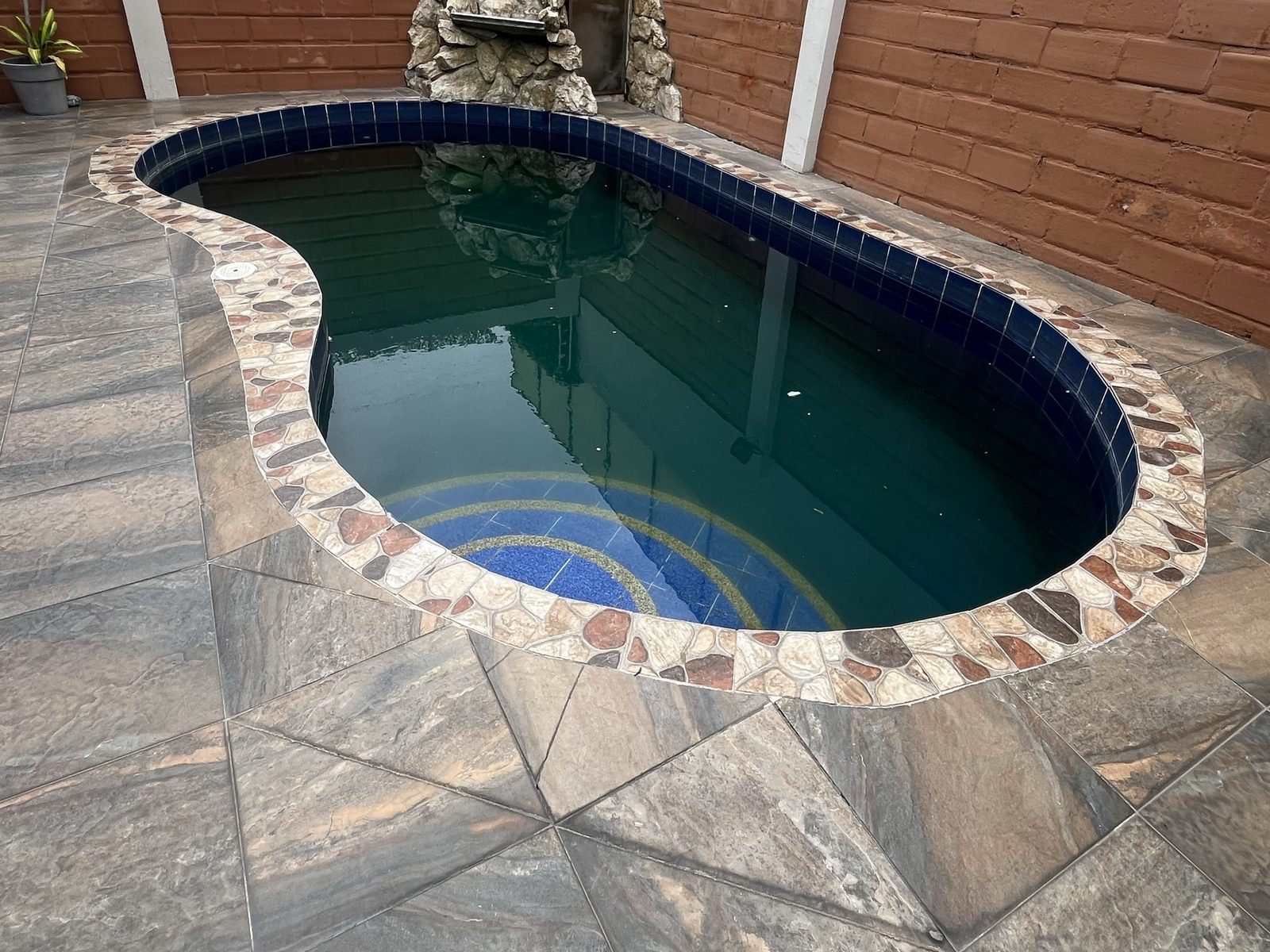 Piscina con el agua estancada y verde oscura antes de la recuperación