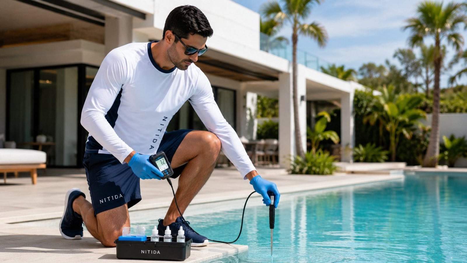 Técnico de NITIDA midiendo el agua de una piscina en Samborondón con medidor digital