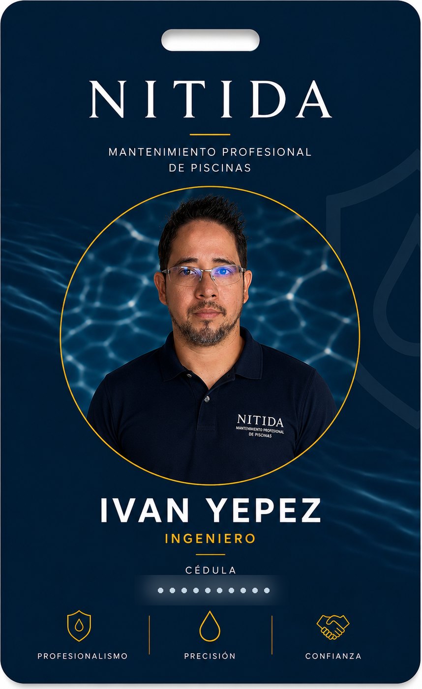 Carnet de identificación de Iván Yepez, ingeniero de NITIDA, con foto y uniforme de la empresa